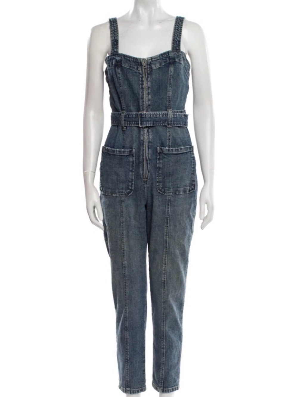 Denim Zip-Front Jumpsuit with Belted Waist - Blue